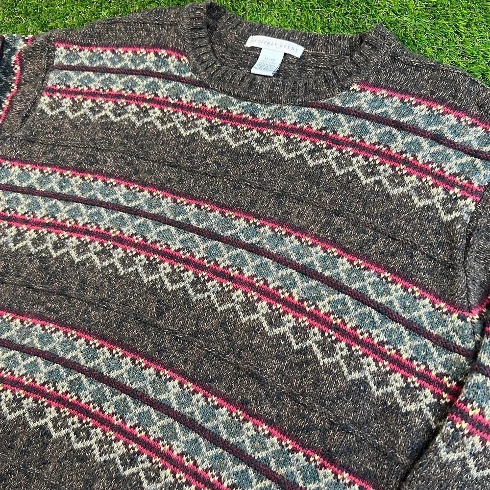 Vintage Geoffrey Beene Fair Isle Nordic Sweater XL Cotton Gray Pink 90s Knitwear